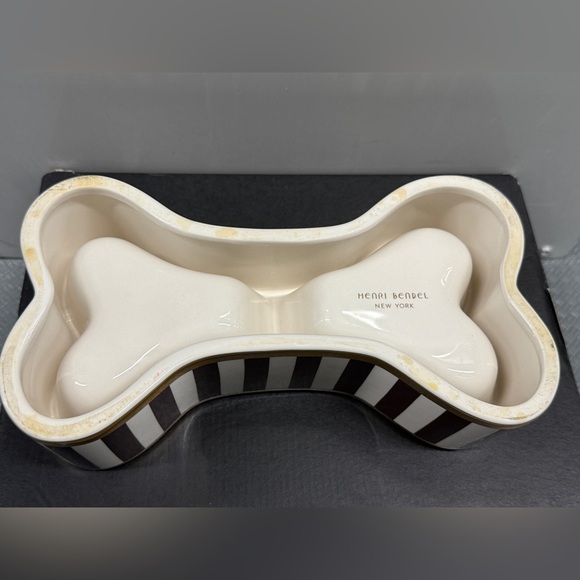 Henri Bendel NY Bone Appetit Dog Bowl Brown & White Stripe Gold Band - Picture 4 of 7